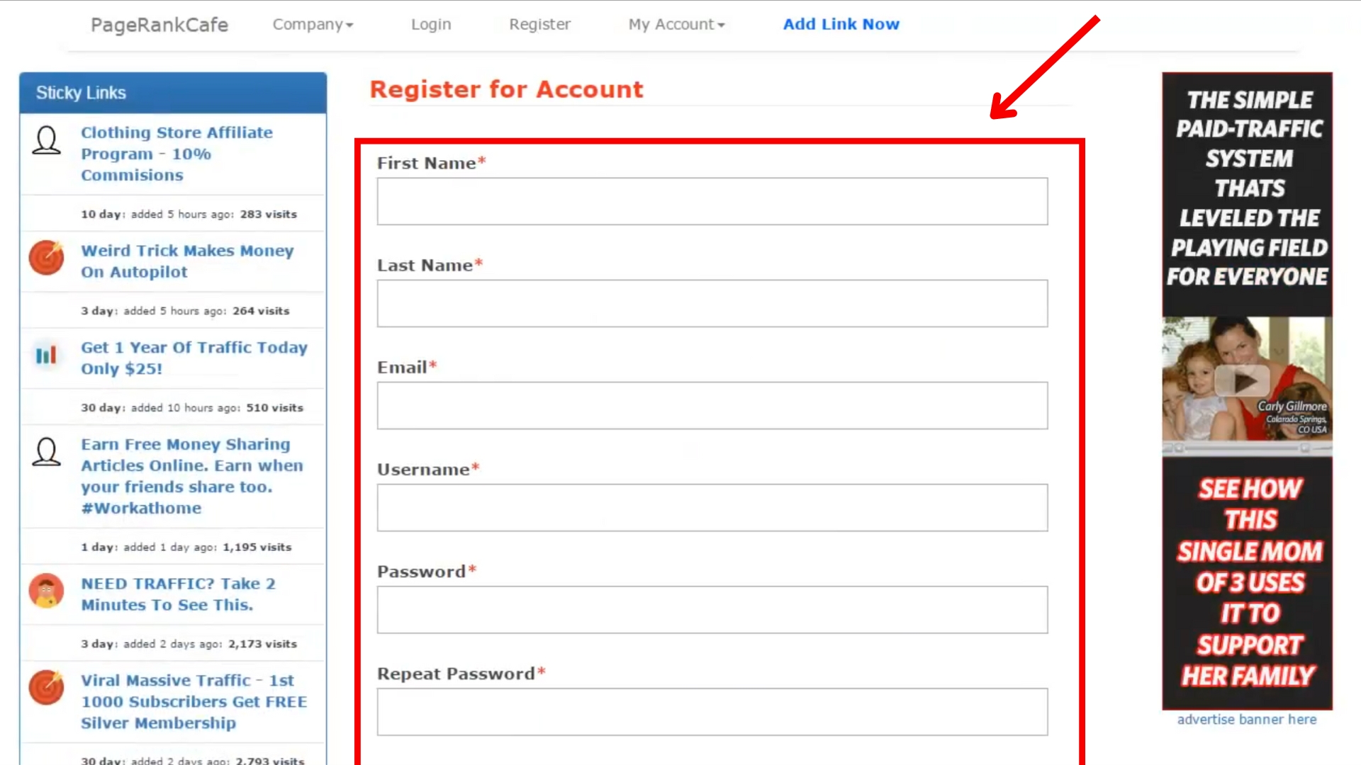 A screenshot of the registration page